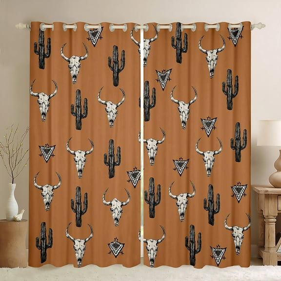 Feelyou Brown Western Bohemian Black Out Curtains, Hippie Skeleton Print Curtains Pack of 2 (42x63 Each), Cartoon Cowgirl Cactus Bedroom Curtains, Blackout Curtains Bedroom Decor