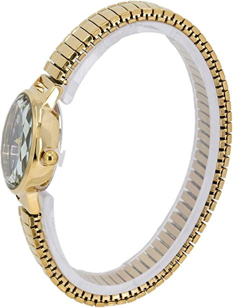 Blekon Collections Women's 25mm Analog Display Case Cut Crystal Mother of Pearl Dial Slim Metal Stretch Expansion Band Ladies Wrist Watch