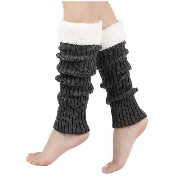 AINIYS Women Knit Leg Warmers Lamb Wool Ribbed Striped Leg Warmer Fleece Plush Trim Long Boot Socks Dark Gray Free Size