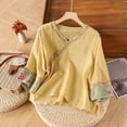 thumbnail image 2 of MIXUE Womens Summer Tops Linen Floral Embroidered Round Neck Long Sleeve Loose Retro Shirts For Women Tshirts Holiday Wear,Yellow,XL, 2 of 3