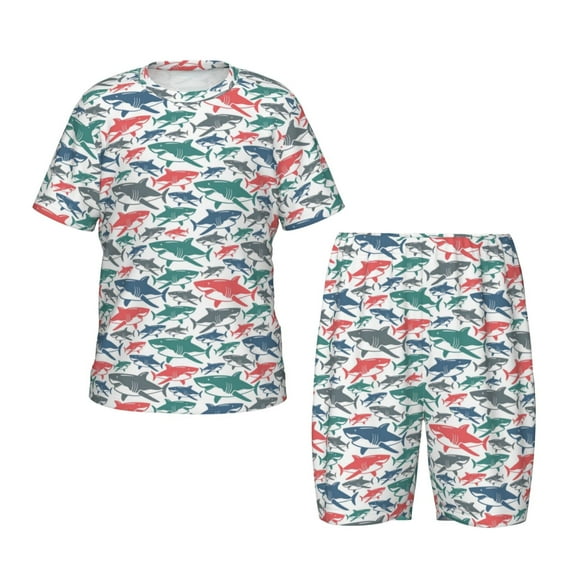 Balery Colorful Shark Conjunto de Pijama Infantil de Manga Corta con Estampado – Ropa de Dormir de Algodón Suave-Medium