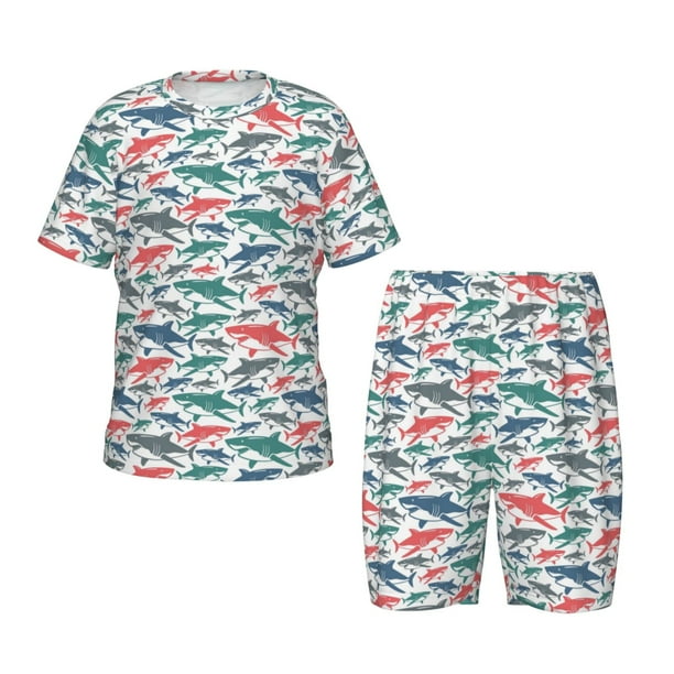 Balery Colorful Shark Conjunto de Pijama Infantil de Manga Corta con Estampado – Ropa de Dormir de Algodón Suave-Medium