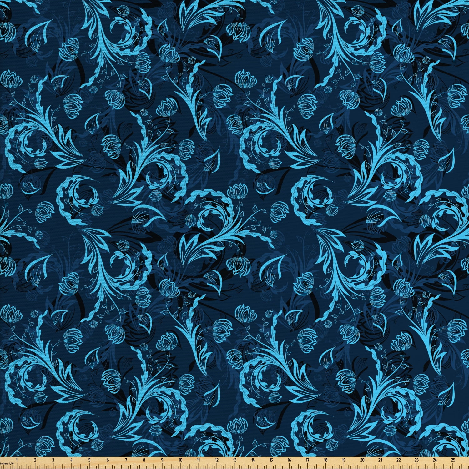 Blue Fabric by the Yard, Abstract Damask Inspired Curvy Flower Ornate
