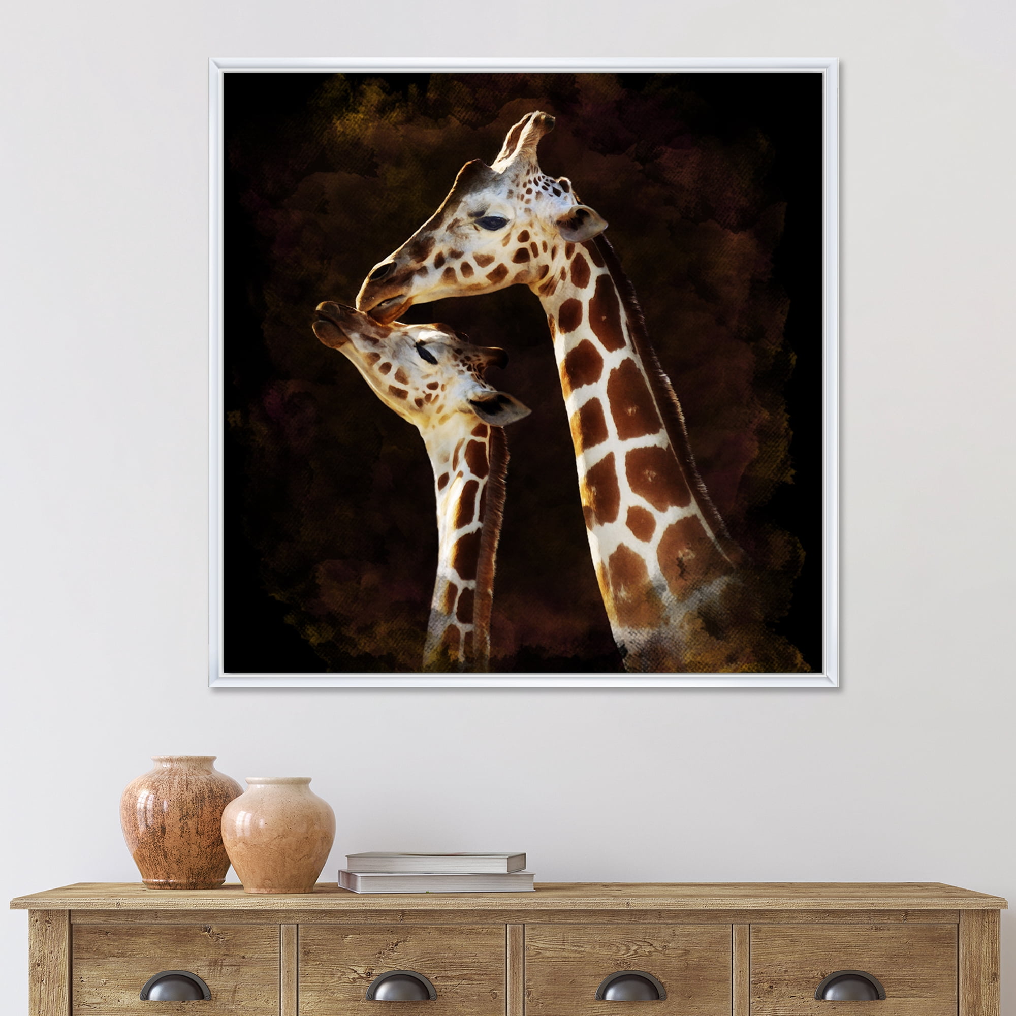 Close UP Of Two Giraffes Kissing I 16 in x 16 in Framed Painting Canvas Art Print, by Designart
