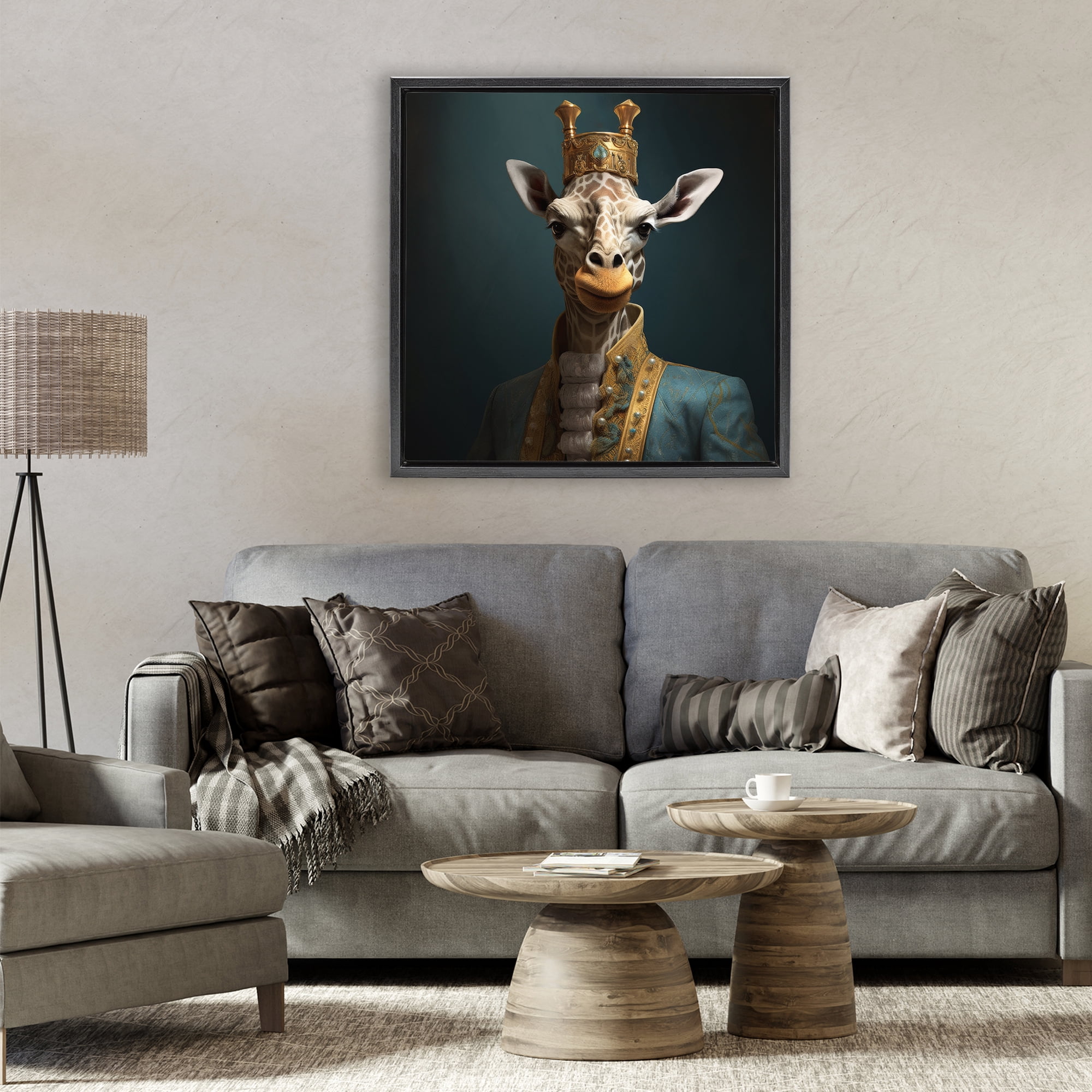 Stupell Industries Giraffe Gaze in Regal Crown Black Framed Floater Canvas Wall Art, design by Lazar Studio