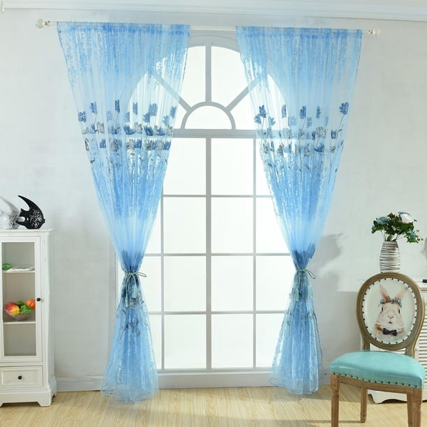 Gasa De Ventana Panel de gasa de pantalla de ventana de tul de hilo de cortina transparente de impresión offset (azul)