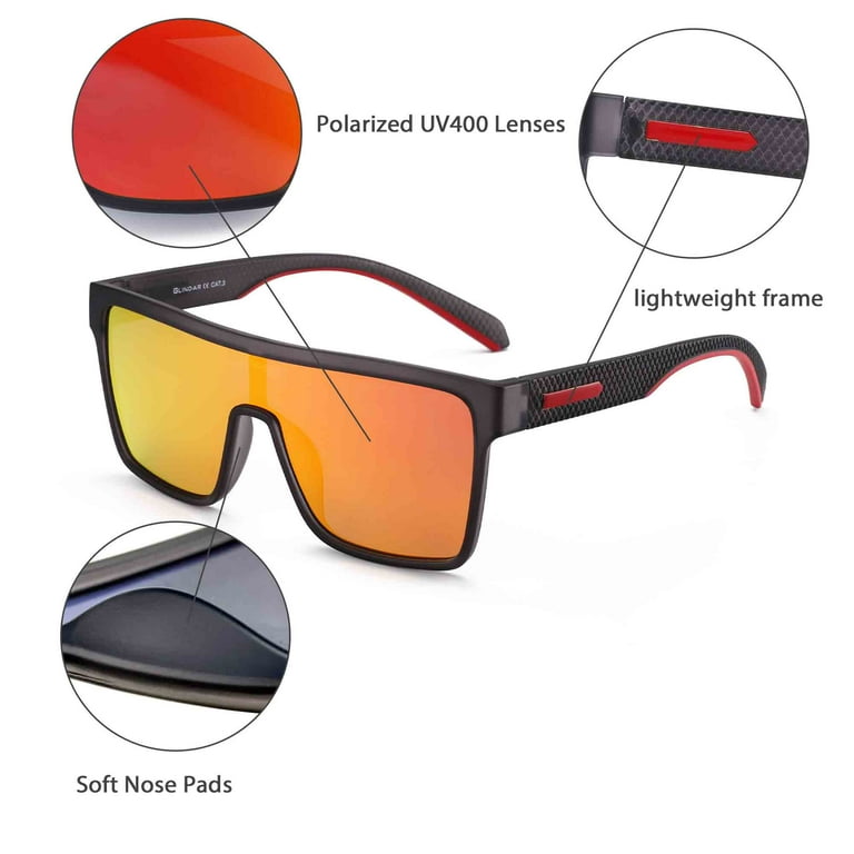 GLINDAR Polarized Shield Sunglasses for Men Square Flat Top Sports Glasses Grey / Orange Lens -