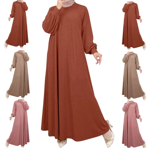 LEKWK Modest Dresses for Women Casual Long Sleeve Maxi Dress Crew Neck Abaya-Dress Loose Fit Pleated Flowy Muslim Dresses Elegant Prayer Clothing