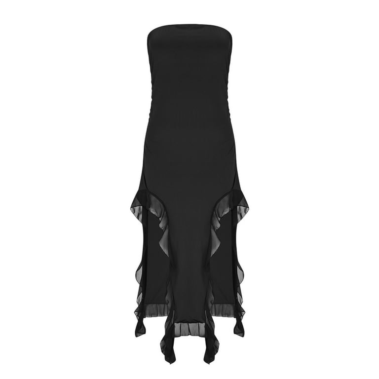 BZGTZT Women's Ruffle Split Pleated Slim Maxi Strapless Tube Bodycon Dresses High Low Irregular Hem Sexy Party Dresses, Size: Large, Black