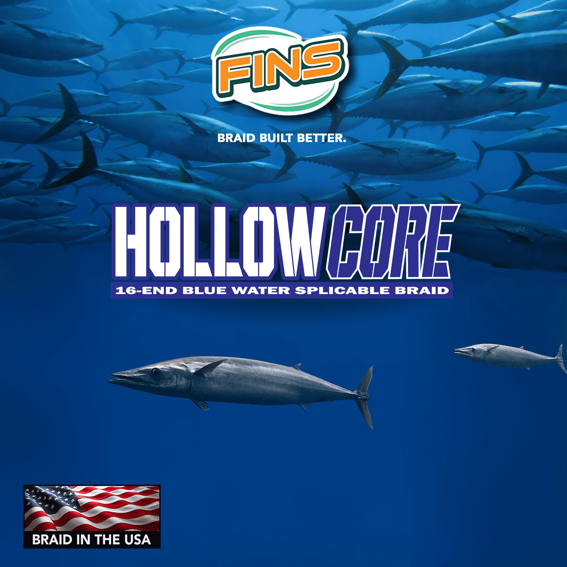 FINS Braids Hollow Core 16-End Blue Water Spliceable Braided Fishing Line, Yellow 80 lb 300 Yds