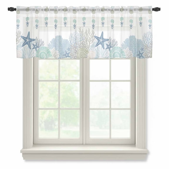 Blue Sea Sheer Valances for Windows, Nautical Ocean Watercolor Shells Coral Starfish Semi Sheer Kitchen Valance Rod Pocket Small Voile Window Curtains for Living Room Bedroom 42 x 12 Inch