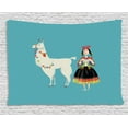 thumbnail image 1 of Llama Tapestry, Peruvian Woman Knitting with a White Alpaca Wrapped with Flower Colorful Illustration, Wall Hanging for Bedroom Living Room Dorm Decor, 80W X 60L Inches, Multicolor, by Ambesonne, 1 of 2