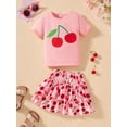 thumbnail image 3 of Sytepopcy Girls Summer Outfit Kids Short Sleeve Cherry Pattern Shirt Shirred Layered Floral Skirt 2pc Set Birthday Party Clothes 6T/1955, 3 of 7