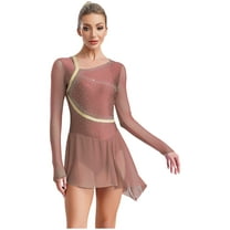 TSSOE Women's Figure Ice Skating Dance Dress Long Sleeve Roller Skating Dance Lyrical Ballet Dance Dress Dusty Pink XL