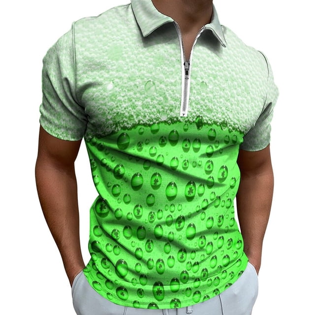 Polo de Travail en Polyester Vert Trèfle Col à Revers Saint Patrick's Day pour Hommes, Mode Décontractée Impression Numérique 3D Col à Revers Fermeture Éclair Manches Courtes