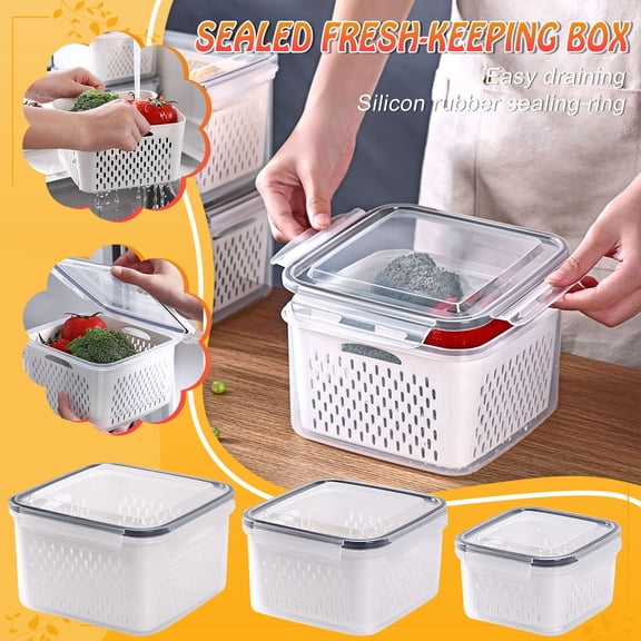 Gosuguu Fruit and Vegetable Storage Containers for Fridge, Large 3-in-1 Produce Storage Bins, Fresh Draining Containers with Lid and Colander for Fridge Organization