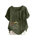 thumbnail image 2 of HOMBOM Womens Shirts Cotton Linen Button Plus Size Short Sleeve Crewneck Summer Army Green Floral T Shirts for Women Casual, 2 of 5