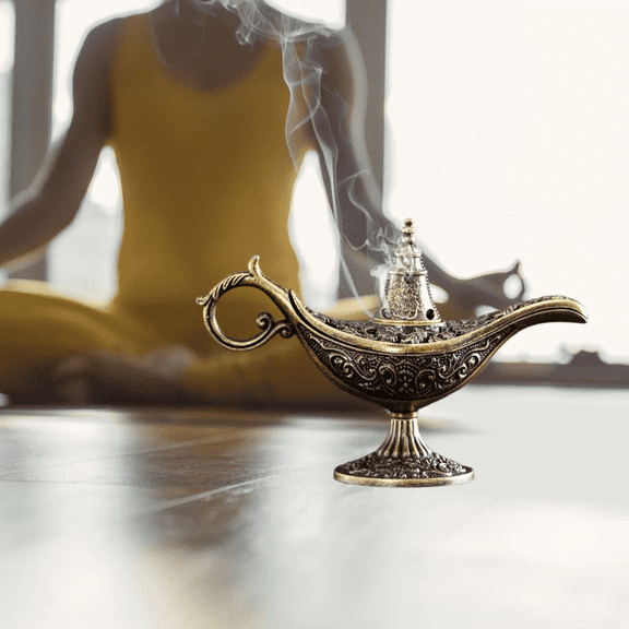 Vintage Aladdin Genie Lamp Incense Burner , Vintage Incense Diffuser Incense - Hand-Carved Metal Tabletop Decor for Home, Wedding & Meditation Spaces
