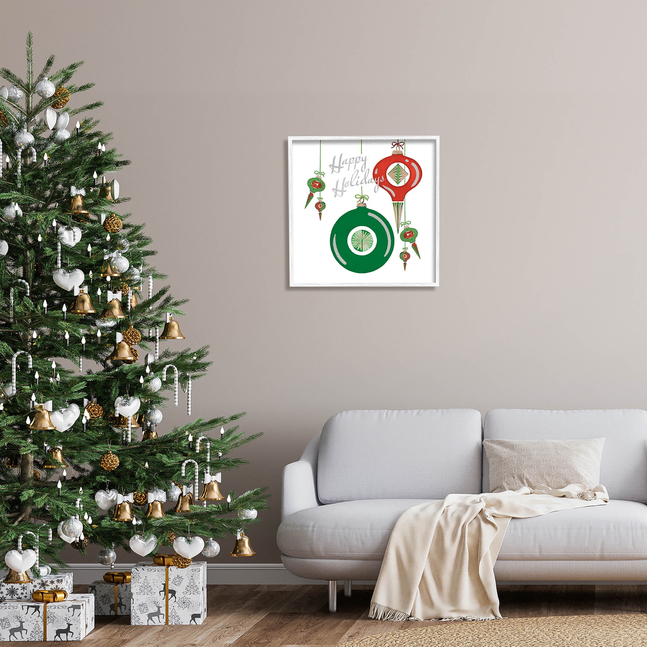 Stupell Industries Seasonal Happy Holidays Ornaments Graphic Art White Framed Art Print Wall Art, Design by The Saturday Evening Post