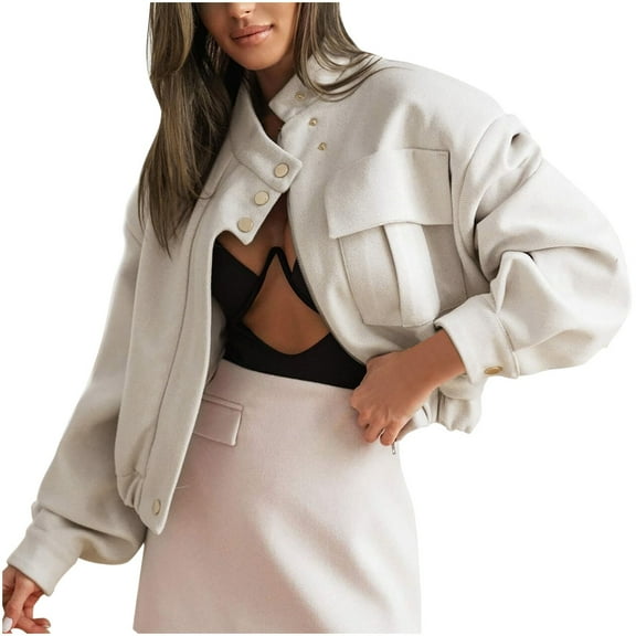 Lenpel Jackets for Women Long Sleeve Stand Collar Cropped Coat Fall Trendy Lightweight Zip up Jacket with Pocket