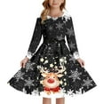 thumbnail image 2 of FAOWME Big Kids Girls Christmas Dress Long Sleeve Round Neck Reindeer Print Lace Up Front Stylish Comfortable Dresses For Party Black 5-6 Years, 2 of 4
