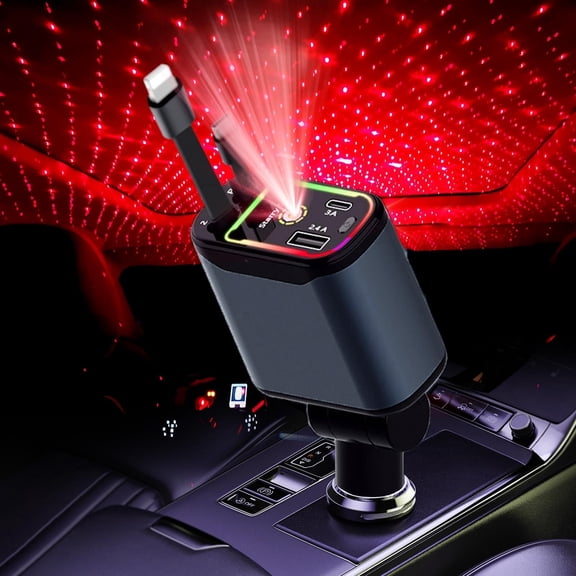Super Fast Car Phone Charger, 66W Car Phone Charger with Retractable Cables USB and Type-C Port, 4 IN 1 Retractable Car Charger，With red starlight roof light