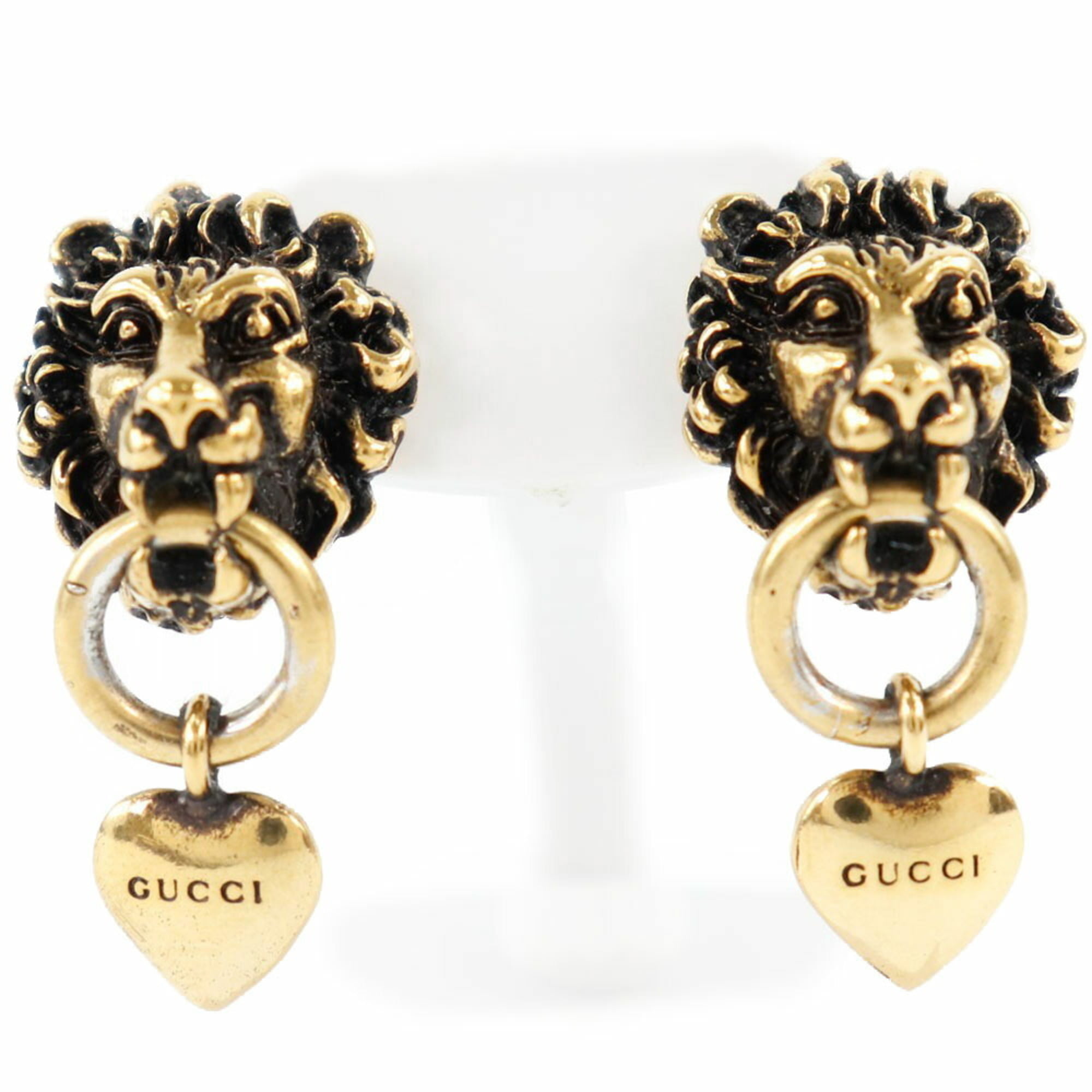 Authenticated Used Gucci Lion Head & Heart 645627I4600 Gold Plated Women's  Earrings 