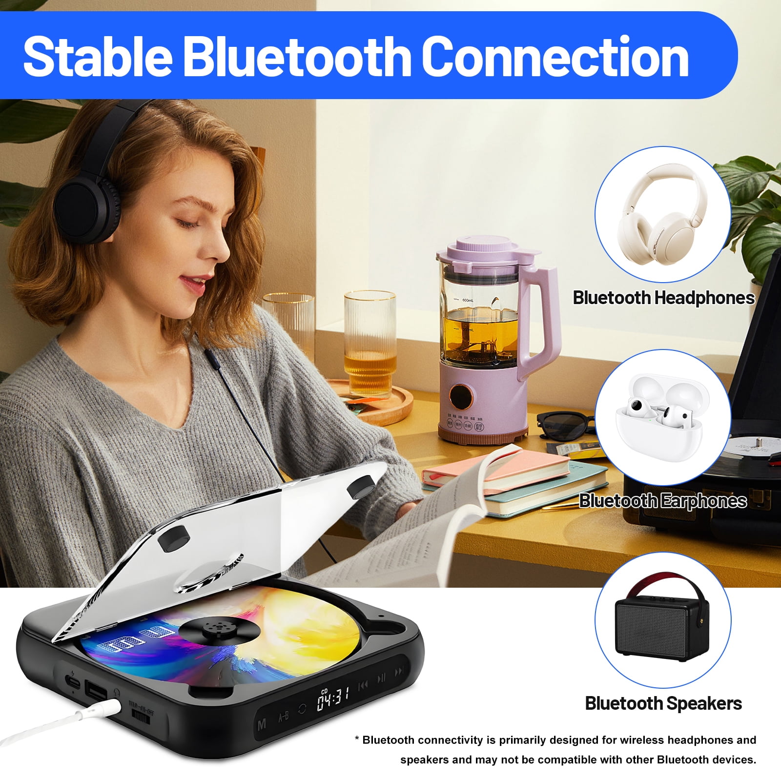 Nidmaw Bluetooth CD Player with Headphones, Rechargeable Mini CD Player for Car Travel