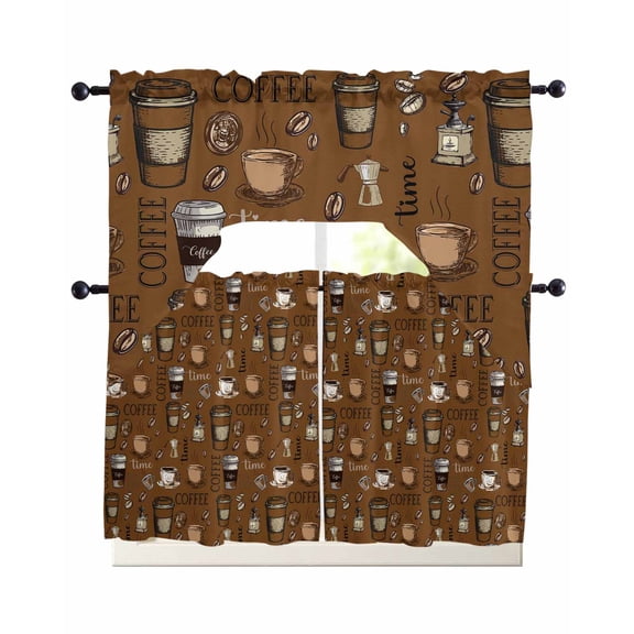 Coffee Theme Swag Kitchen Curtains Sets for Windows 24 Inch Length, Funny Brown Vintage Beans Latte Tea Cup Short Window Curtain Panels Swags Valances and Tiers 3 Piece Set for Cafe/Dining Room