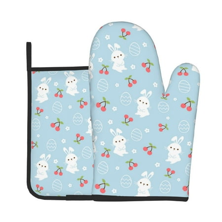 

KLL Easter Rabbit Pattern Oven Mitts and Pot Holders 2pcs Sets for Kitchen Oven Mitt Heat Resistant 536°F Oven Gloves for Kitchen Cooking and Baking