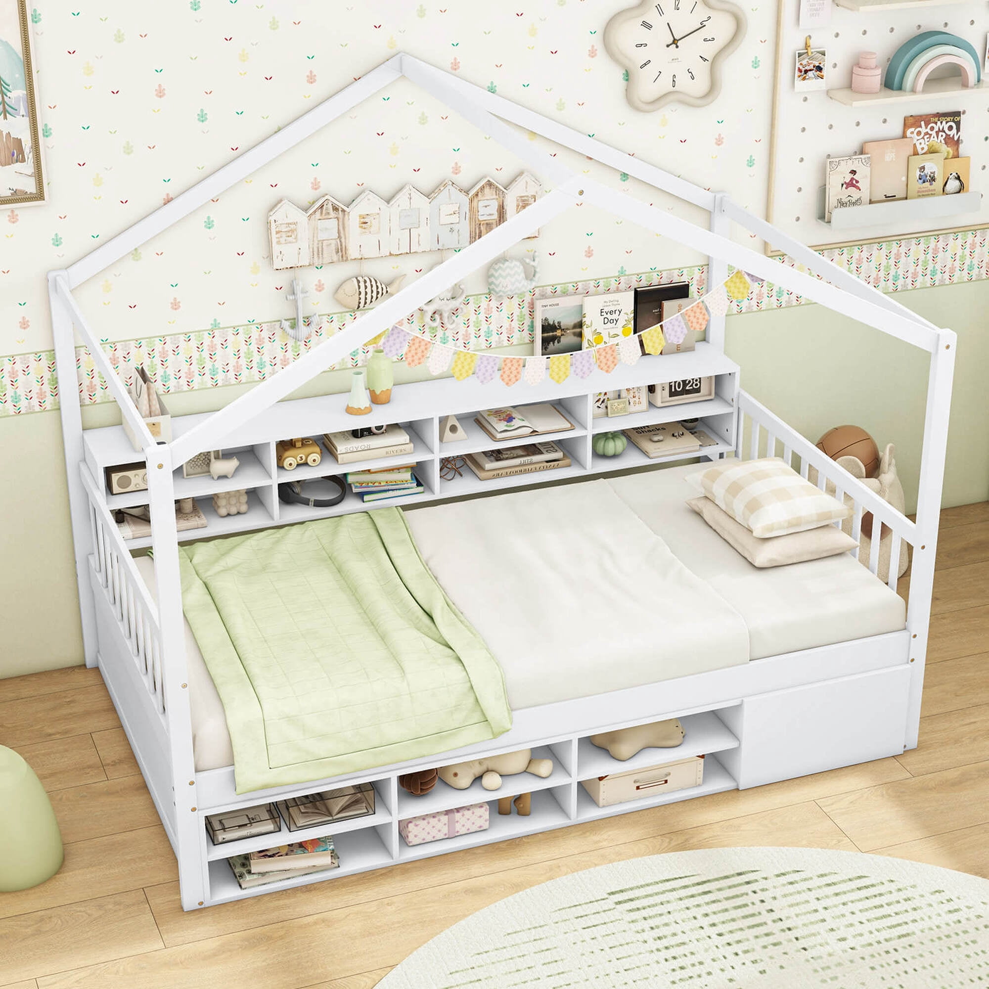 Costway Twin Size House Bed Wooden Platform Bed Frame with Roof & 14 Storage Cubes White