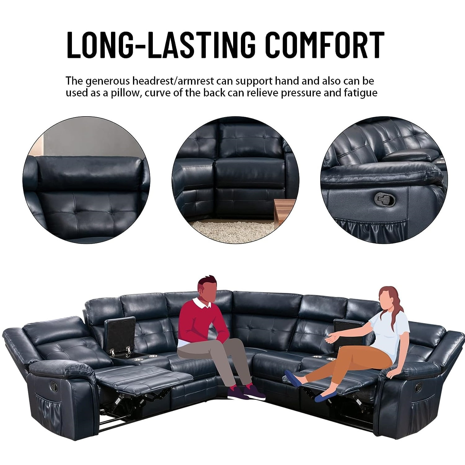 Nathaniel Home, PU Leather Reclining Sectional Sofa Set with 2 Consoles, Fashion Living Room Recliner Chair with Storage Box, L-Shaped Corner Couch with Cup Holders, Deep Ocean Blue