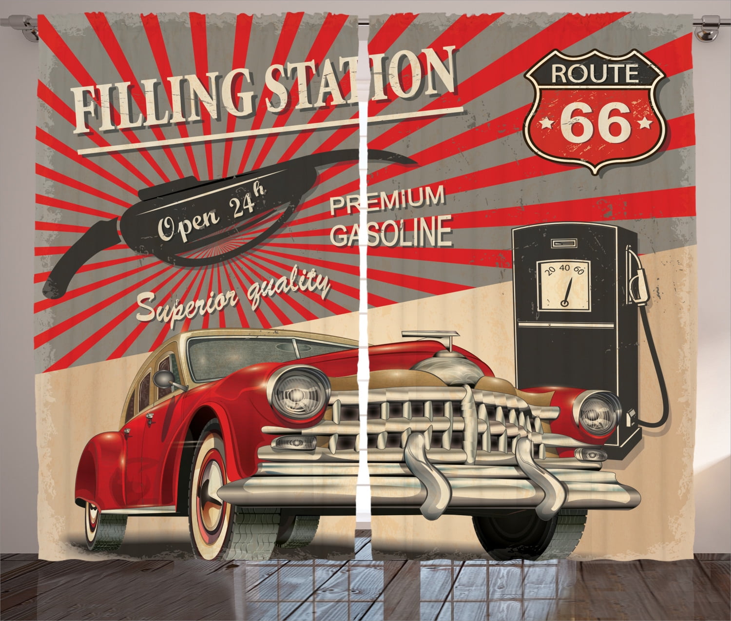 2 Panel Route 66 Gas Station Sign Mural Blockout Darking Window Curtain Drapes 