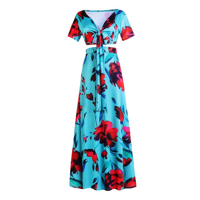 2 unidades impresas vestido largo de moda profundo V cuello floral impreso lado hendidura vestido para las mujeres verde M