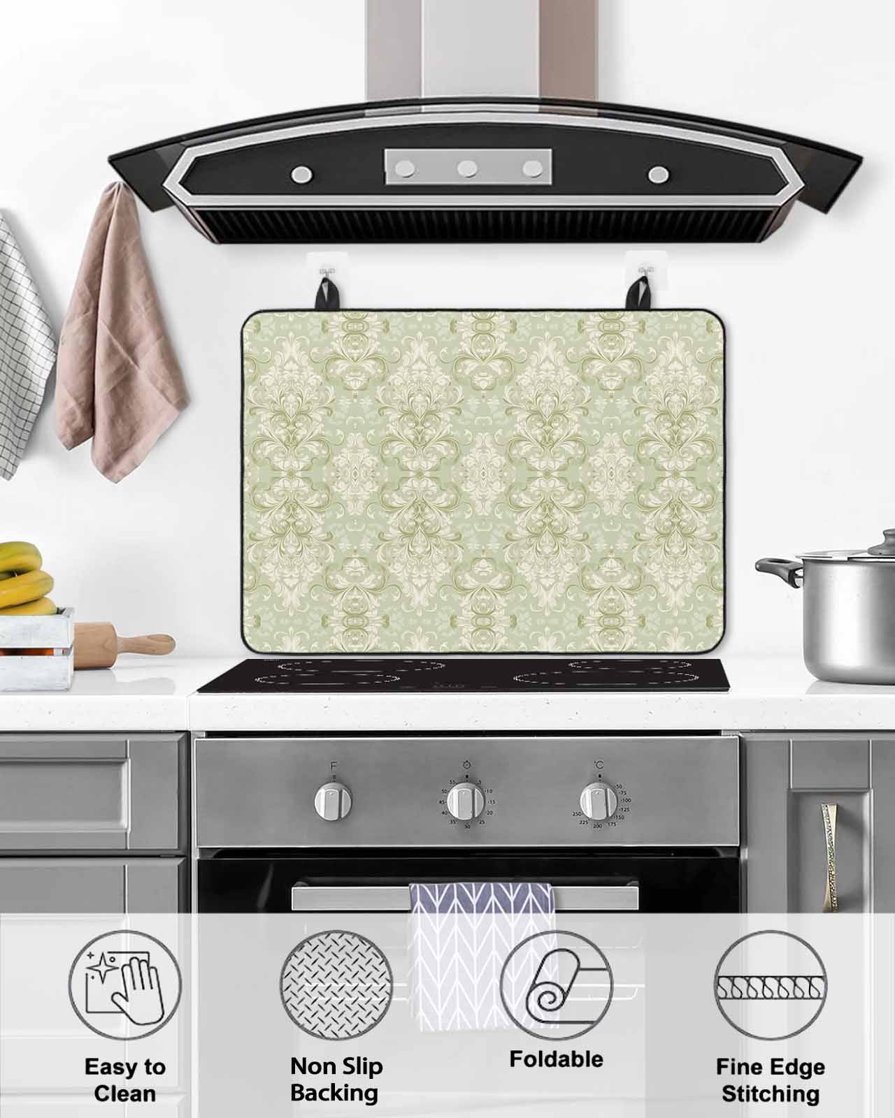 nqOlkjepod Large Induction Cooktop Protector Mat 24"x21", Retro Floral Stove Top Covers for Electric Stove, Vintage Ethnic Tribe Abstract Art Sage Green Stove Burner Cover Mats Stove Cover