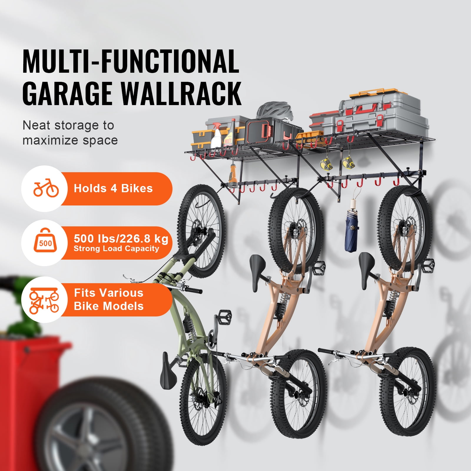 KFFKFF Bicycle Storage Solution, Wall-Mounted Rack for 4 Bikes, Includes Dual Shelving, Home & Garage Space Saver, Adapts to Different Bicycle Sizes