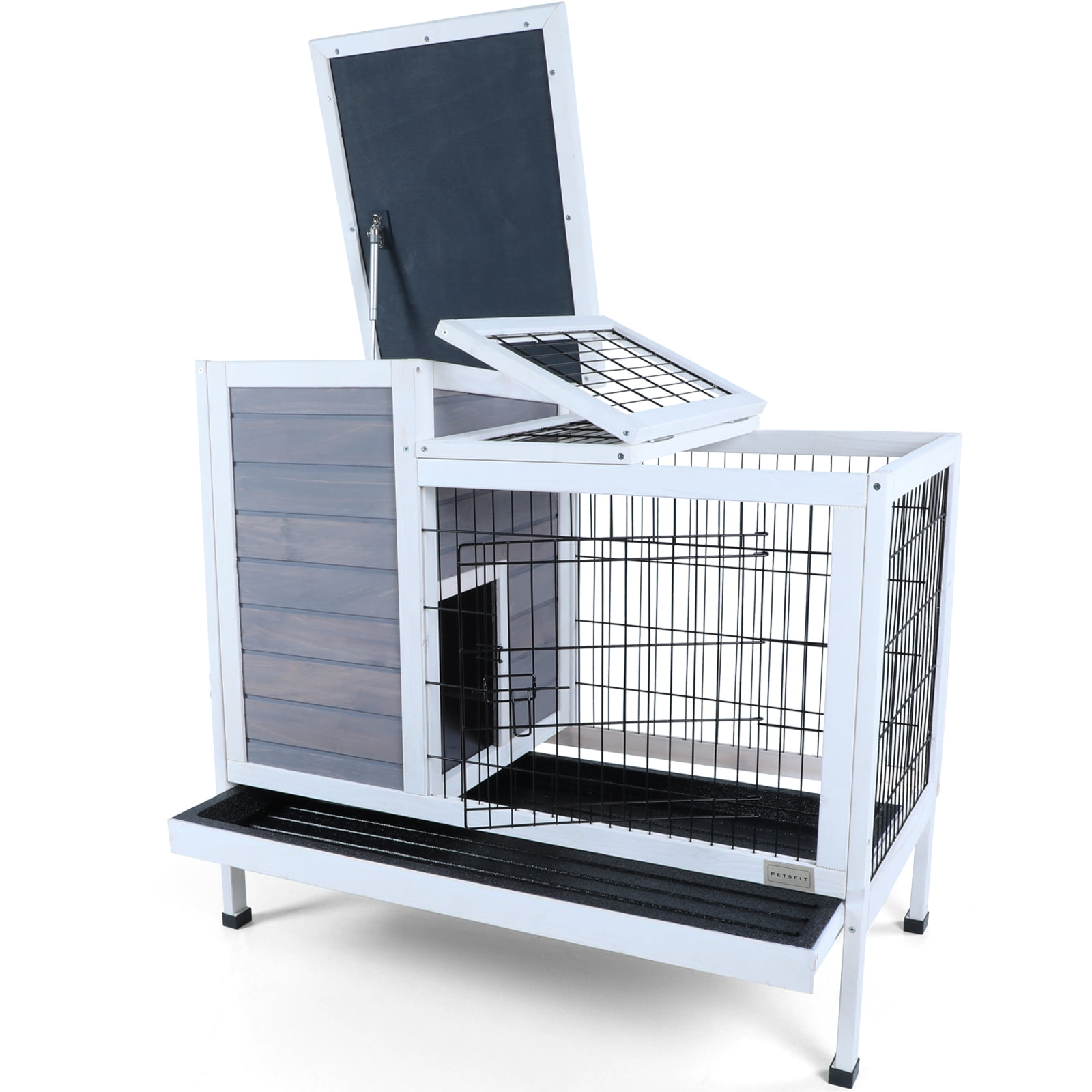 Witaxima 2-Story Wooden Rabbit Hutch with Runway, Leak-Proof Tray for Outdoor/Indoor Use, 37.5x21.5x34 Inches, Grey Small Animal Cage