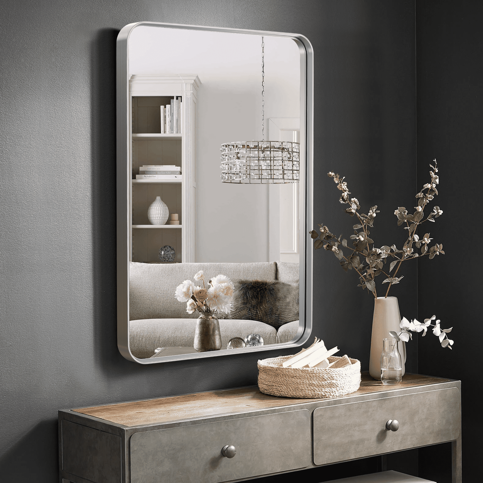 MAYEERTY 32"x22" Aluminum Alloy Rounded Corners Rectangular Imitation Electroplated Hanging Glass Silver