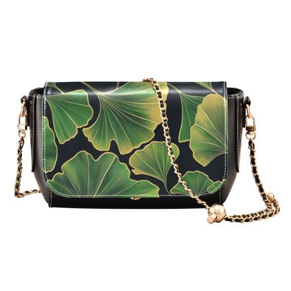 Leather Clamshell Crossbody Bag 10.4x5.5x3.7Inch Women's Crossbody Handbags Shoulder Purse Bank Card Bag Cash Bag Key Bag Green Ginkgo Leaf