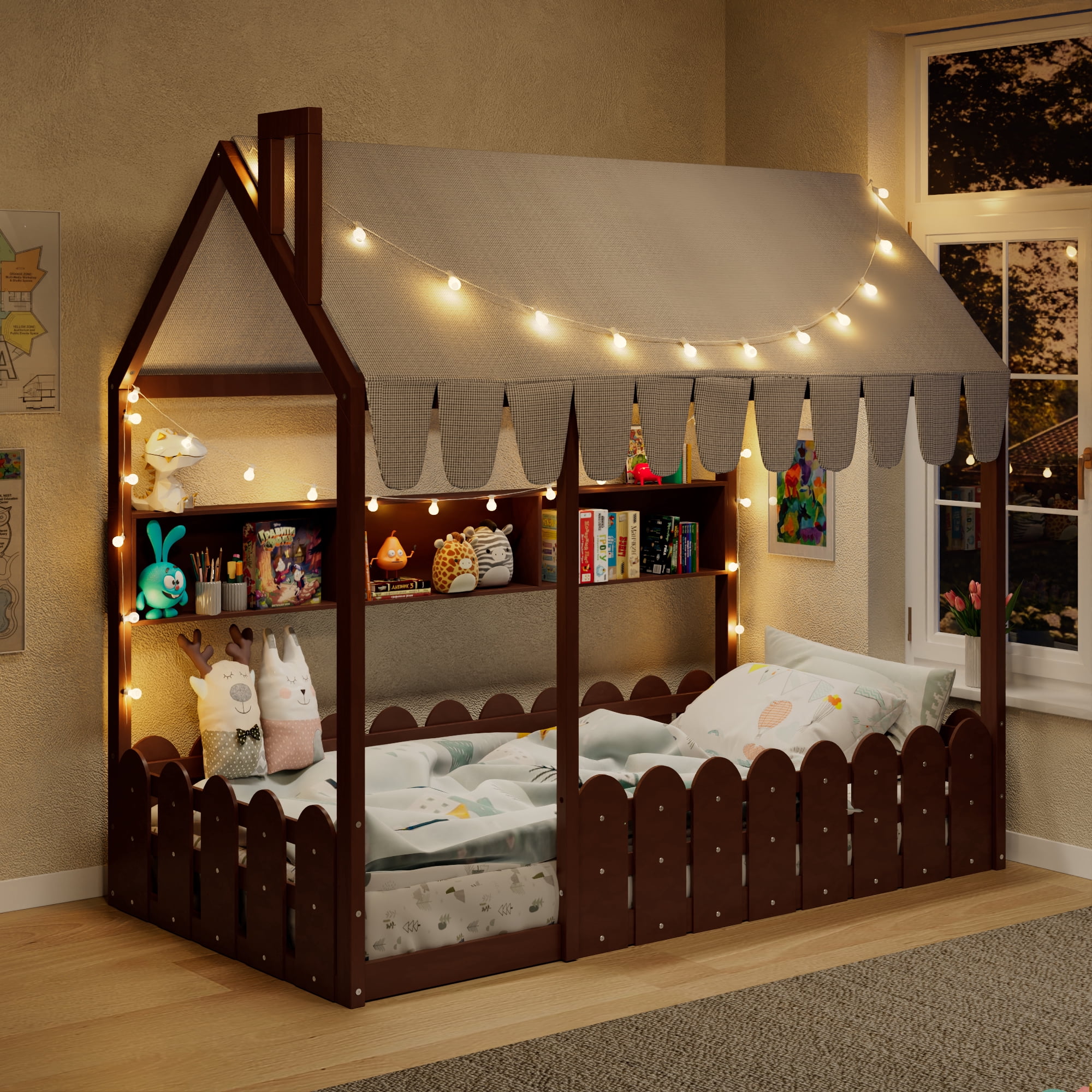 Sailvan Twin Size Montessori House Bed for Kids, Floor Bed with Fence Railings, Slats not included