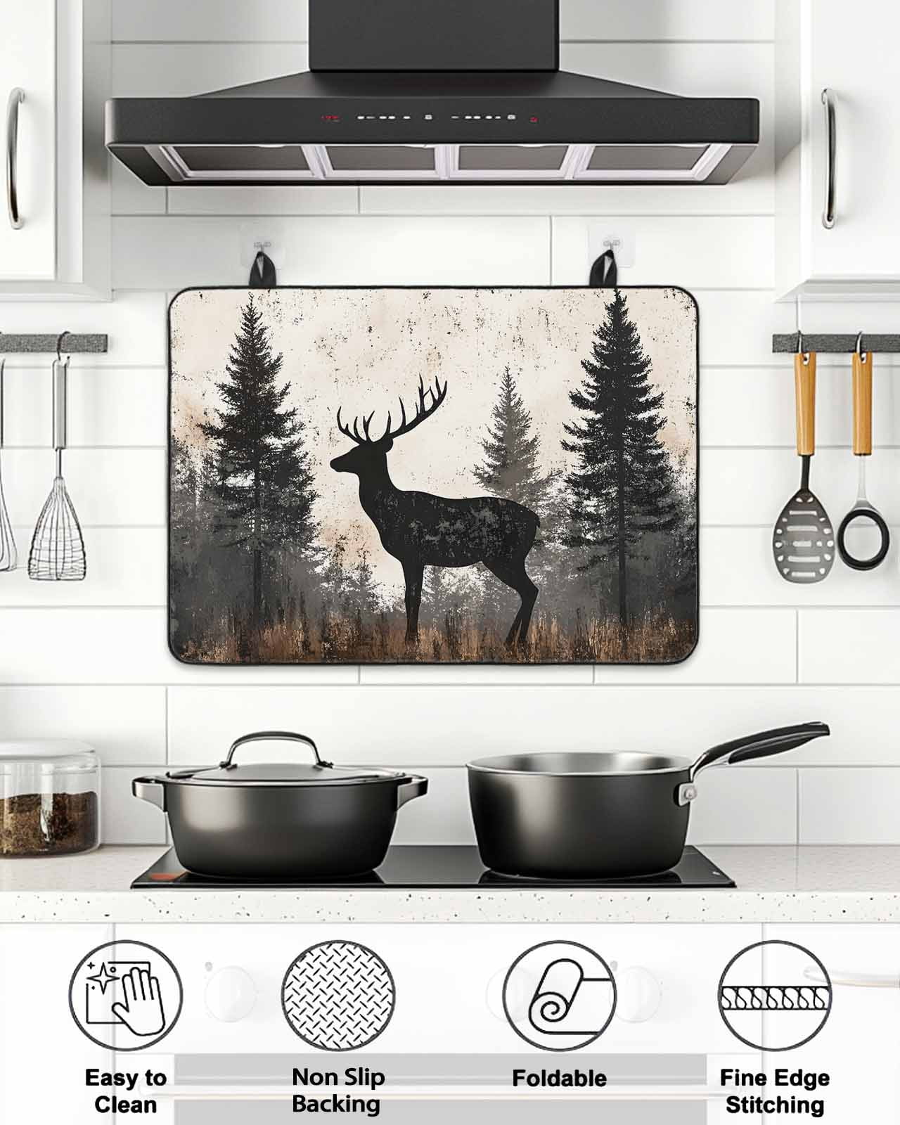 Stove Top Covers for Electric Stove, Forest Elk Glass Stovetop Cover Protector, Rustic Nature Tree Retro Deer Silhouette Induction Cooktop Protector Oven Mat for Kitchen Countertop 24"x21"