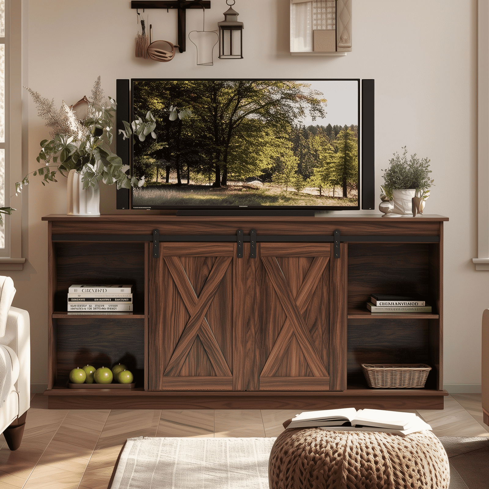 Aukfa TV Stand for TVs up to 65", Entertainment Center with Storage Cabinets and Sliding Barn Doors, for Living Room Bedroom,Walnut
