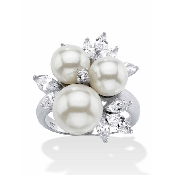 1.84 TCW Round Simulated Pearl and Cubic Zirconia Cluster Ring in Platinum over Sterling Silver