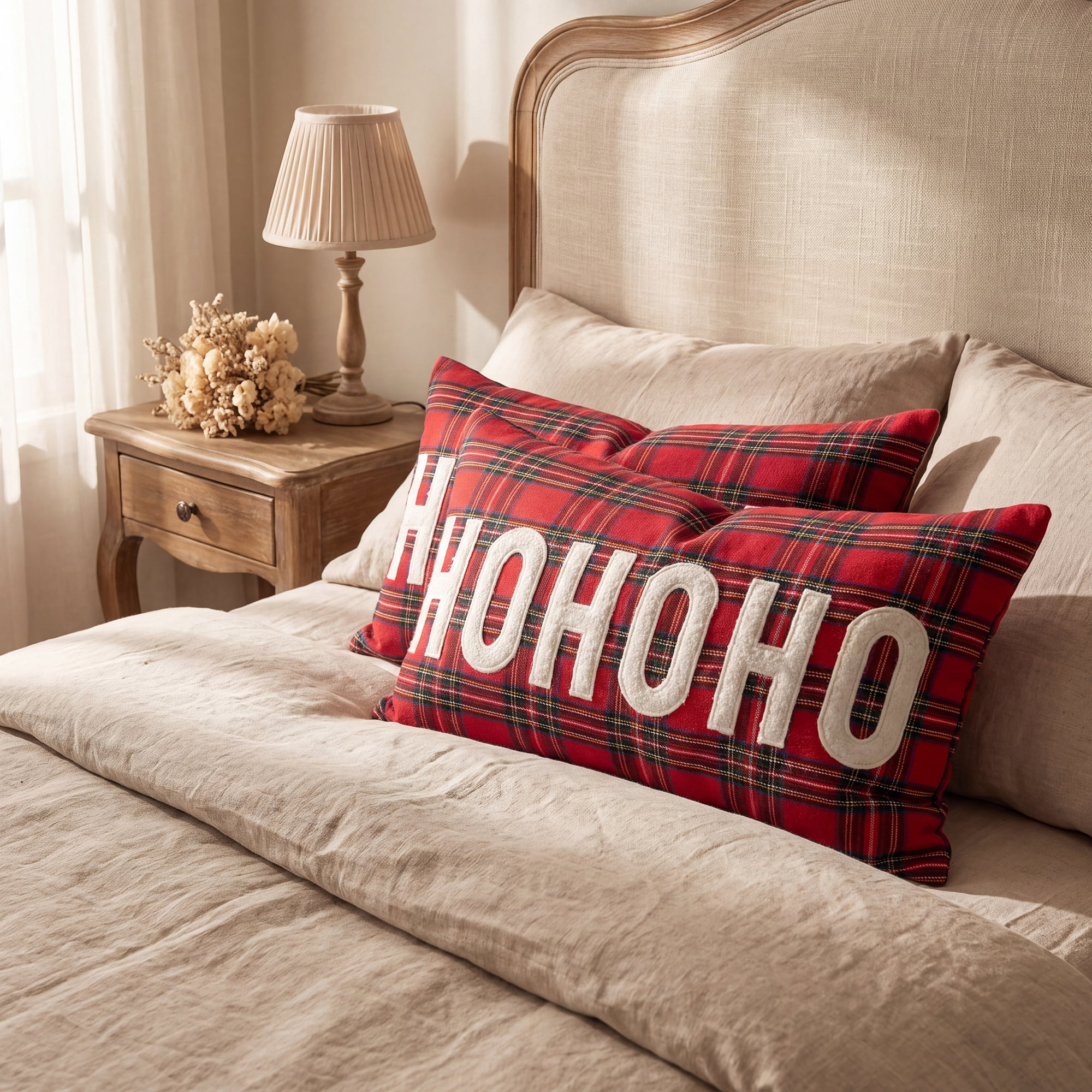 Unique Bargains Plaid Throw Pillow Covers Tartan Cushion Cases Red Plaid HoHoHo 20"x12"