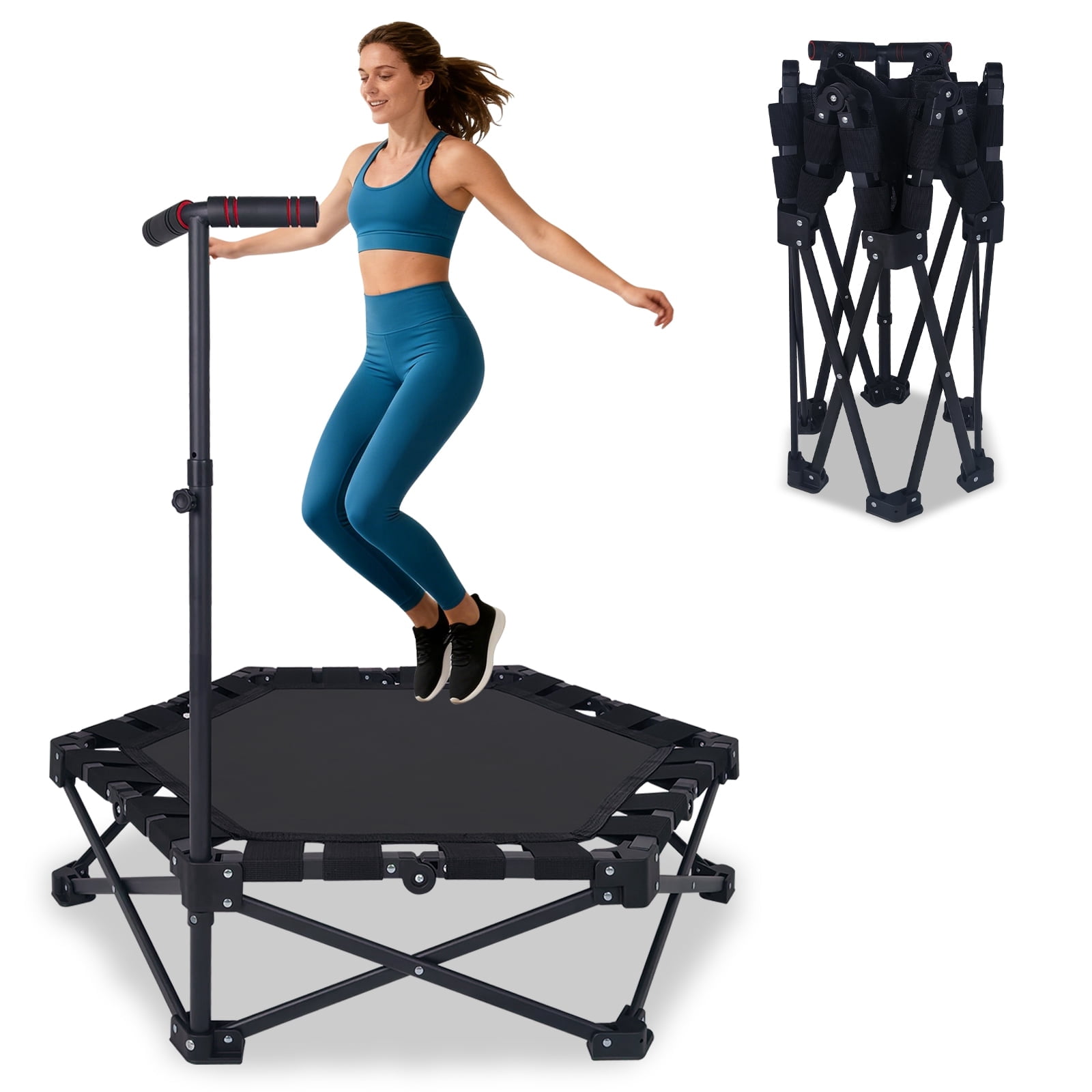 HooKung 37" Foldable Mini Trampoline, One-Step Fold & Open, Rebounder Trampoline for Adults, 330lbs Max Load, 3-Level Adjustable T-Bar, Indoor & Outdoor Workout