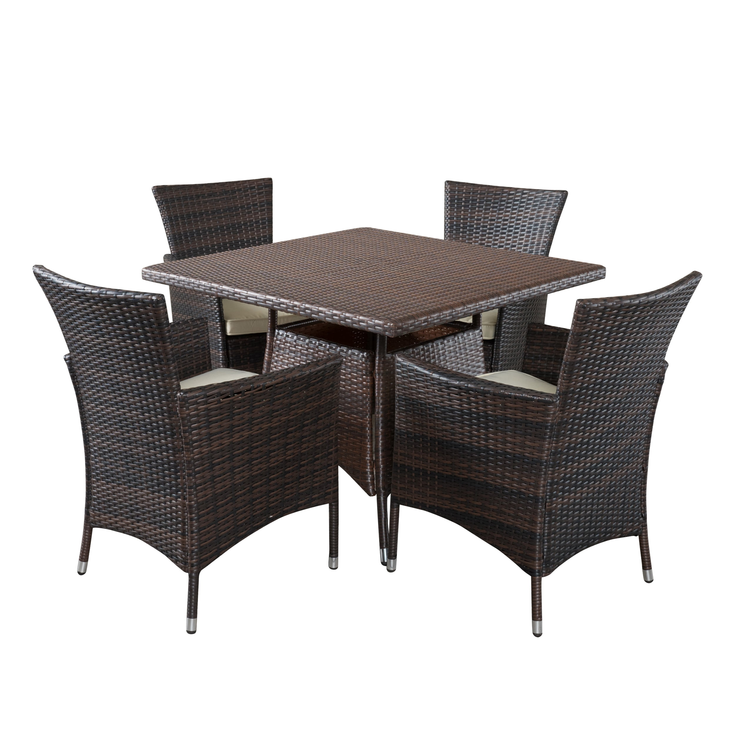 Rebecca Outdoor 5 Piece Wicker Square Dining Set with Cushions, Multibrown, Beige