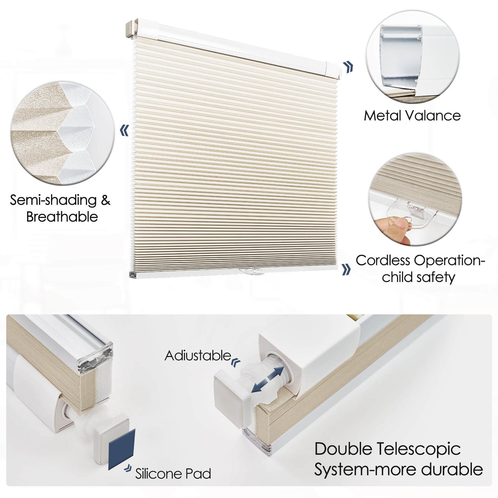 Keego No Drilling Cordless Cellular Shades Honeycomb Window Blinds Easy Installation Heat Insulating Noise Reducing Curtains Semi-Blackout Sand, 35.0"w x 60"h