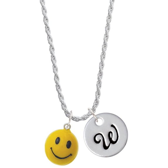 Delight Jewelry Resin Large 3-D Happy Face Silvertone Script Initial Disc - W - Charm Necklace, 20"+3"