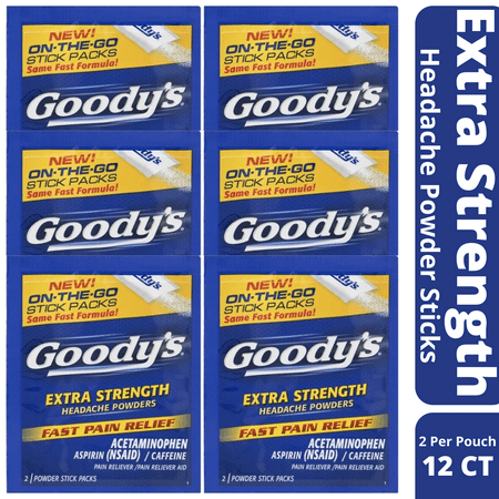 Goody's Extra Strength On the Go Headache Fast Pain Relief, Regular Flavor, 2 Powder Sticks Per Packet, (12 Count)