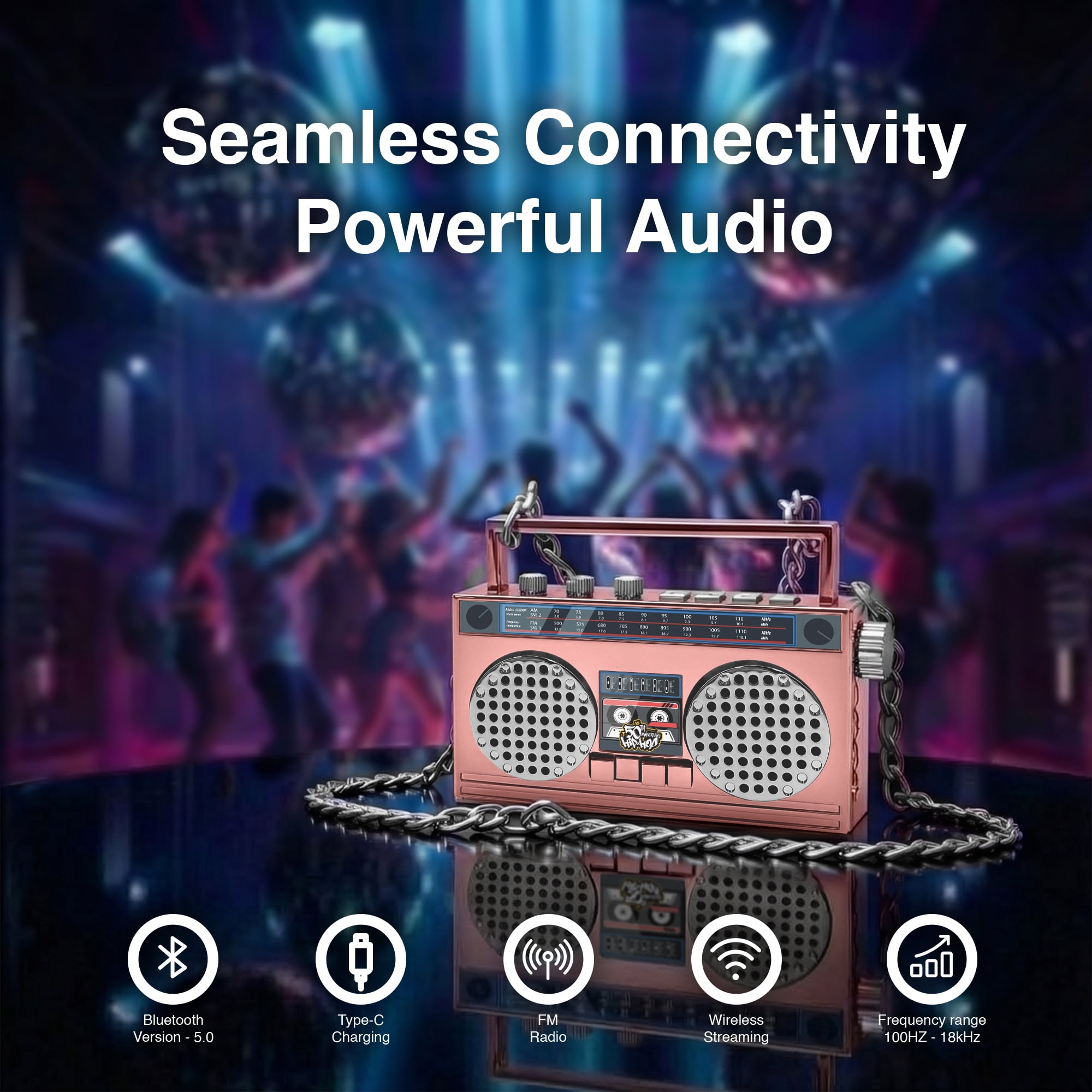 50th Anniversary of Hip Hop Portable Mini Bluetooth Wireless Speaker Retro Wearable Boombox, 27 Inch Necklace, FM Radio, On Board Buttons, Dual 6W Peek Power Micro Speakers, Long Lasting Battery